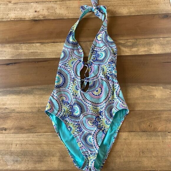 Bar III Women's Printed Plunge Lace Up Back One-Piece Swimsuit, Blue Multi, Smal - Picture 1 of 7
